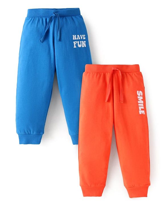 Babyhug Single Jersey Knit Full Length Lounge Pants with Text Print Pack of 2 - Orange & Blue