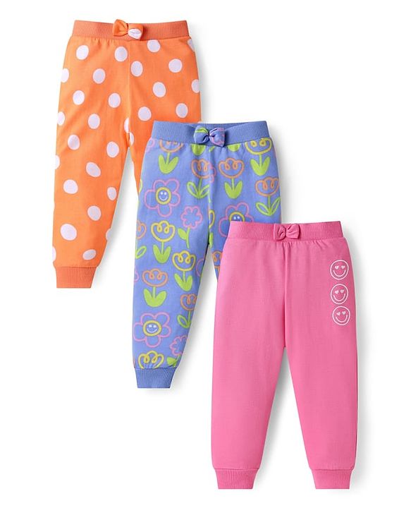 Babyhug Single Jersey Full Length Lounge Pants with Bow Applique Polka Dots & Floral Print Pack of 3 - Pink Blue & Orange