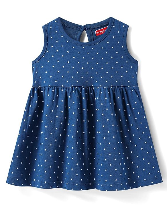 Babyhug Single Jersey Knit Sleeveless Frock With Polka Dot Print - Teal Blue