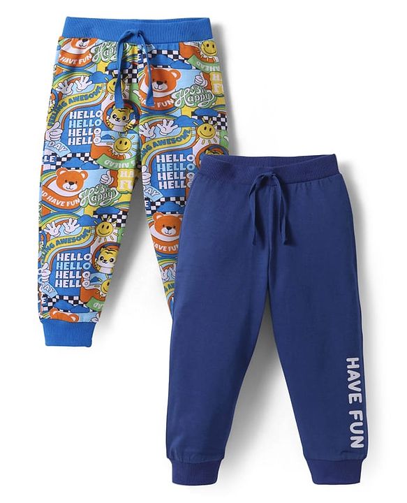 Babyhug Single Jersey Full Length Lounge Pants with Animal & Text Print Pack Of 2 - Blue & Navy Blue