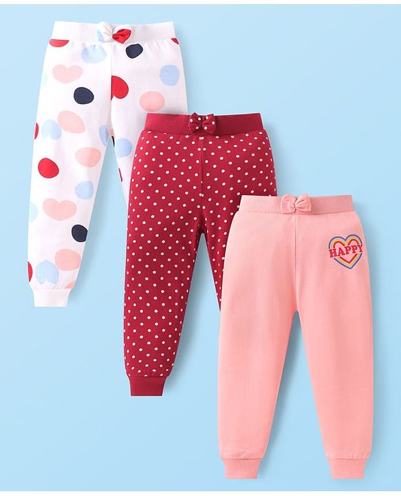 Babyhug Single Jersey Knit Full Length Lounge Pants with Heart & Polka Dot Print and a Bow Applique Pack Of 3 - Pink Maroon & White