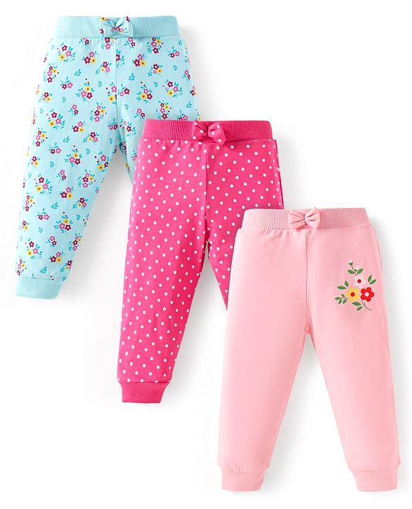 Babyhug Single Jersey Knit Full Length Lounge Pants with Bow Polka Dots & Floral Prints Pack of 3 - Light Pink Light Blue & Dark Pink