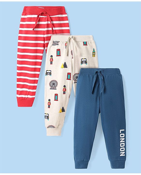Babyhug Single Jersey Knit Full Length Lounge Pants with Stripes & Vehicle Print Pack Of 3 - Red White & Navy Blue