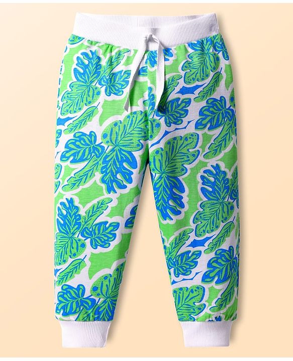 Babyhug Single Jersey Knit Full Length Lounge Pant With Leaf Print - Green & Blue