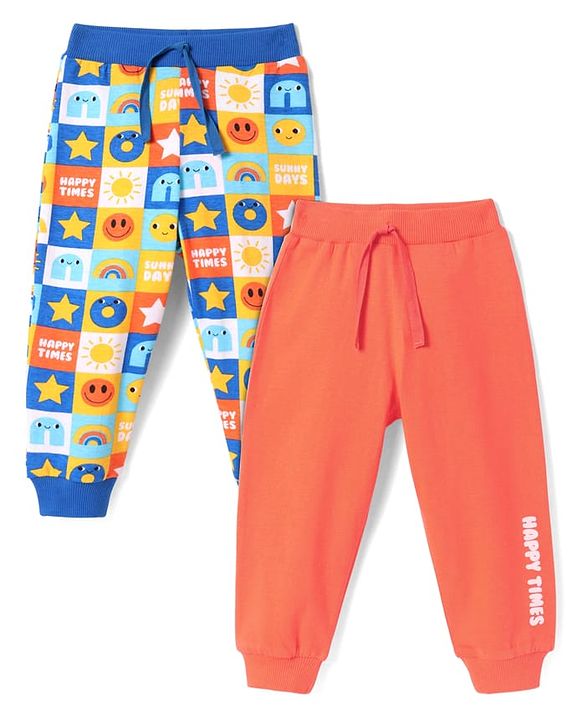 Babyhug Single Jersey Knit Full Length Printed Lounge Pants Pack of 2 - Peach & Blue