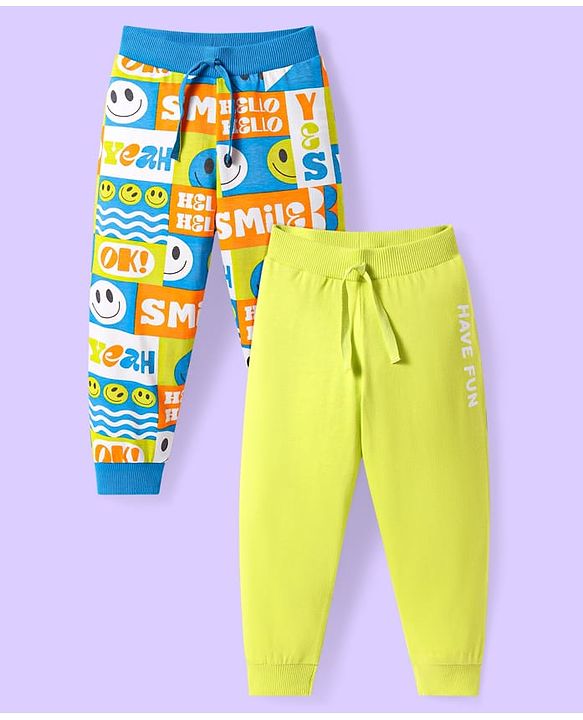 Babyhug Single Jersey Knit Full Length Lounge Pants with Smiley Print Pack of 2 - Yellow & Blue