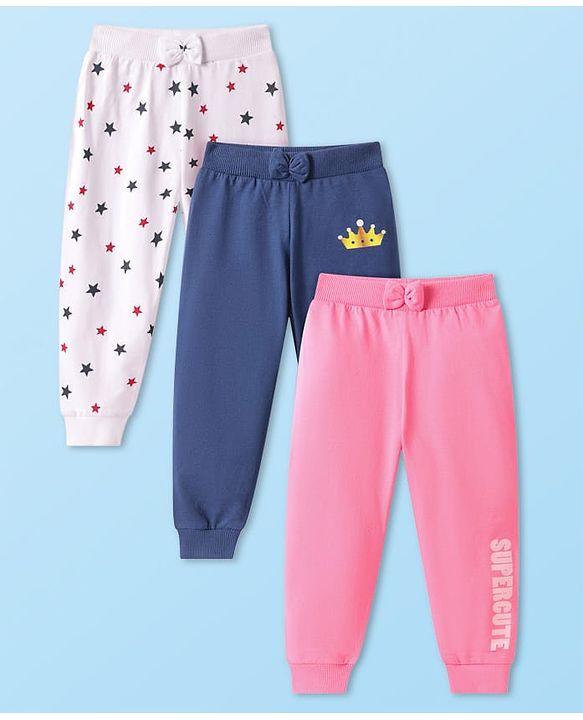 Babyhug Single Jersey Knit Full Length Stars & Text Printed Lounge Pants with Bow Applique Pack of 3 - White Navy Blue & Pink