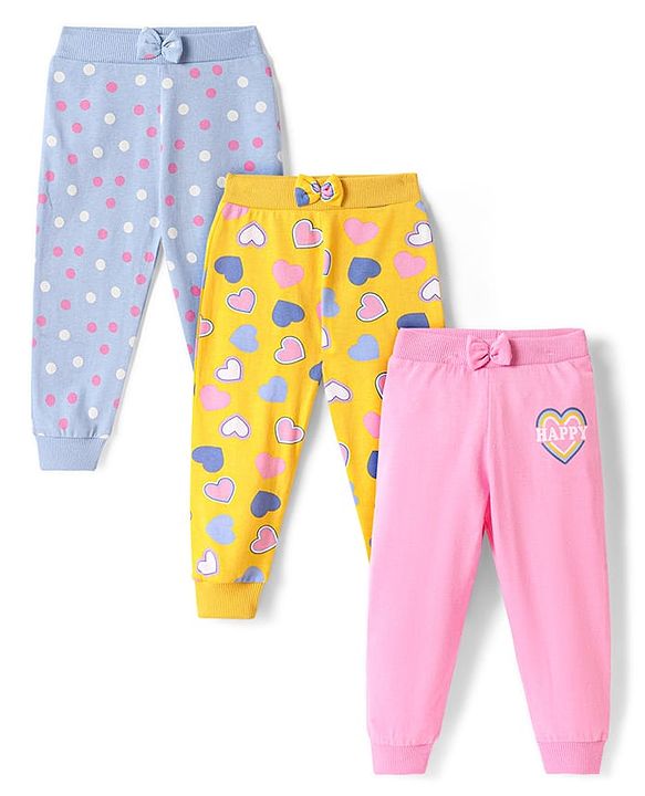 Babyhug Single Jersey Knit Full Length Hearts & Polka Dots Printed Lounge Pants with Bow Applique Pack of 3 - Yellow Light Blue & Pink