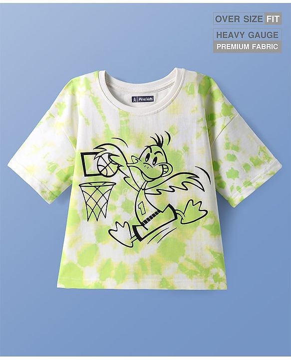 Pine Kids Cotton Knit Half Drop Shoulder Sleeves Over Size Fit T-Shirt with Duck & Basket Ball Print - White