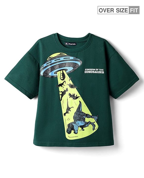 Pine Kids Cotton Knit Half Drop Shoulder Sleeves T-Shirt with Dino Print - Dark Green