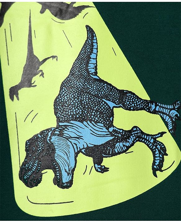 Pine Kids Cotton Knit Half Drop Shoulder Sleeves T-Shirt with Dino Print - Dark Green