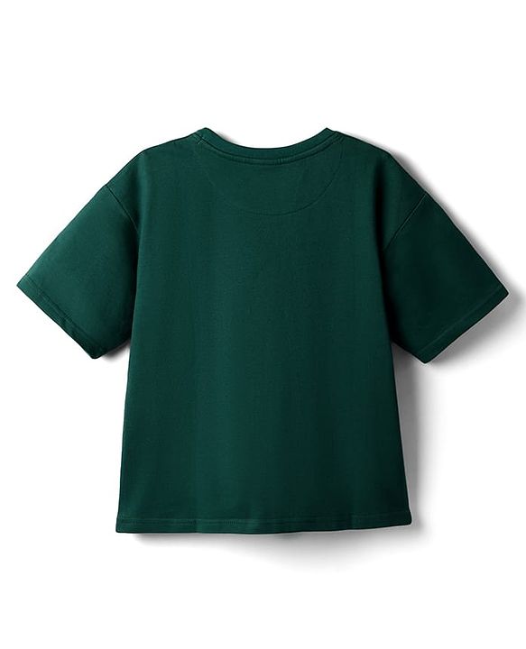 Pine Kids Cotton Knit Half Drop Shoulder Sleeves T-Shirt with Dino Print - Dark Green