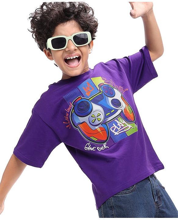 Pine Kids Cotton Knit Half Sleeves Oversized Fit T-Shirt with Gaming Console Print - Violet