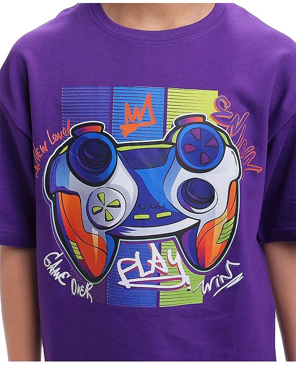 Pine Kids Cotton Knit Half Sleeves Oversized Fit T-Shirt with Gaming Console Print - Violet