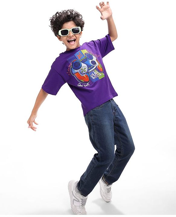 Pine Kids Cotton Knit Half Sleeves Oversized Fit T-Shirt with Gaming Console Print - Violet