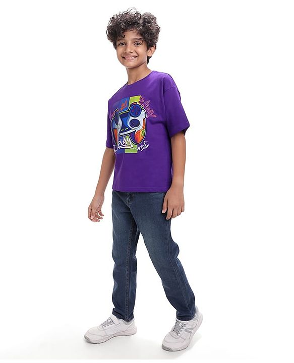Pine Kids Cotton Knit Half Sleeves Oversized Fit T-Shirt with Gaming Console Print - Violet