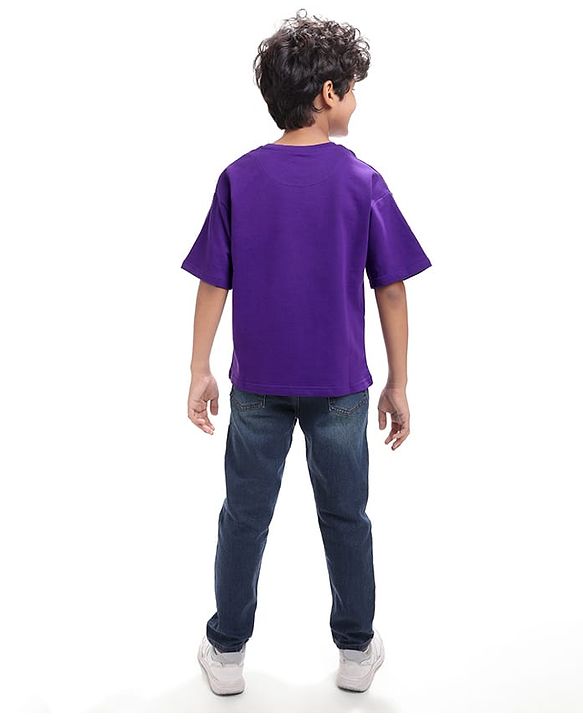 Pine Kids Cotton Knit Half Sleeves Oversized Fit T-Shirt with Gaming Console Print - Violet