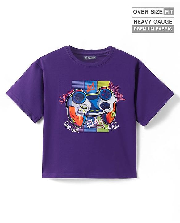 Pine Kids Cotton Knit Half Sleeves Oversized Fit T-Shirt with Gaming Console Print - Violet