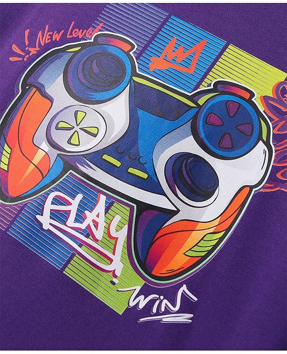 Pine Kids Cotton Knit Half Sleeves Oversized Fit T-Shirt with Gaming Console Print - Violet