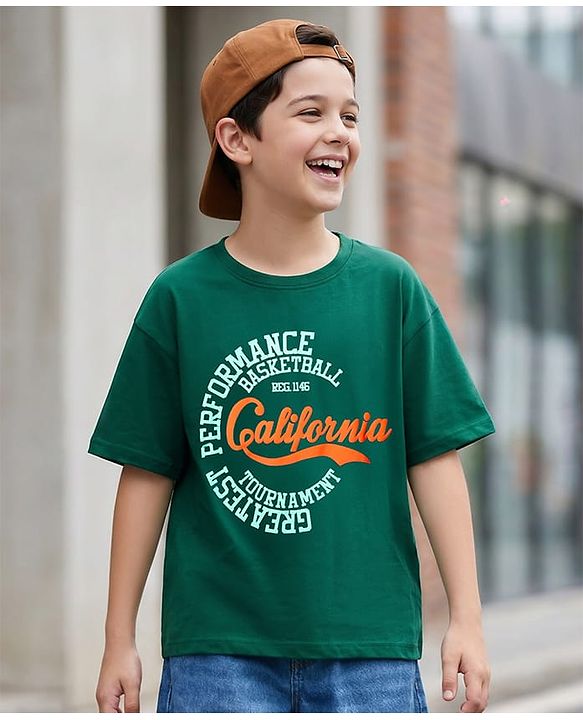 Pine Kids Cotton Knit Half Sleeves Drop Shoulder  T-Shirt with California Text Print T-Shirt - Dark Green
