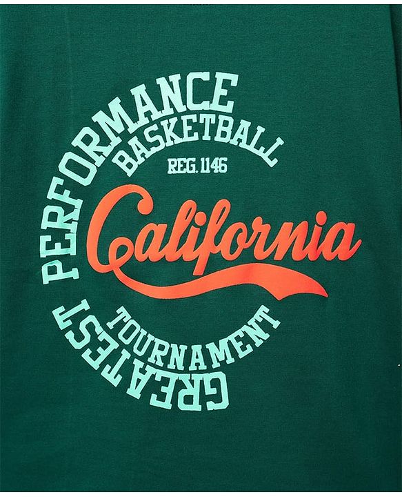 Pine Kids Cotton Knit Half Sleeves Drop Shoulder  T-Shirt with California Text Print T-Shirt - Dark Green