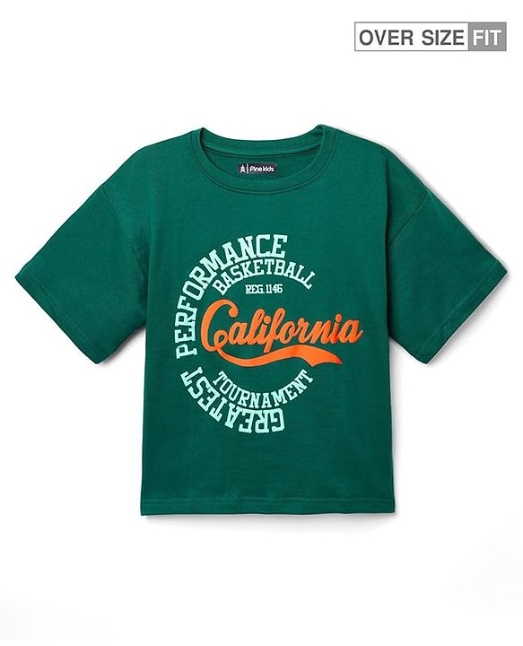 Pine Kids Cotton Knit Half Sleeves Drop Shoulder  T-Shirt with California Text Print T-Shirt - Dark Green