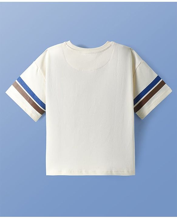 Pine Kids Cotton Knit Half Sleeves Drop Shoulder T-Shirt with Text Print - White