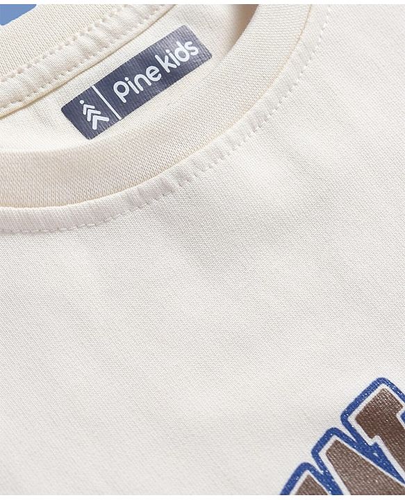Pine Kids Cotton Knit Half Sleeves Drop Shoulder T-Shirt with Text Print - White