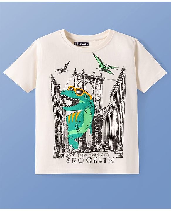 Pine Kids Cotton Knit Half Sleeves T-Shirt With Dino Print - White