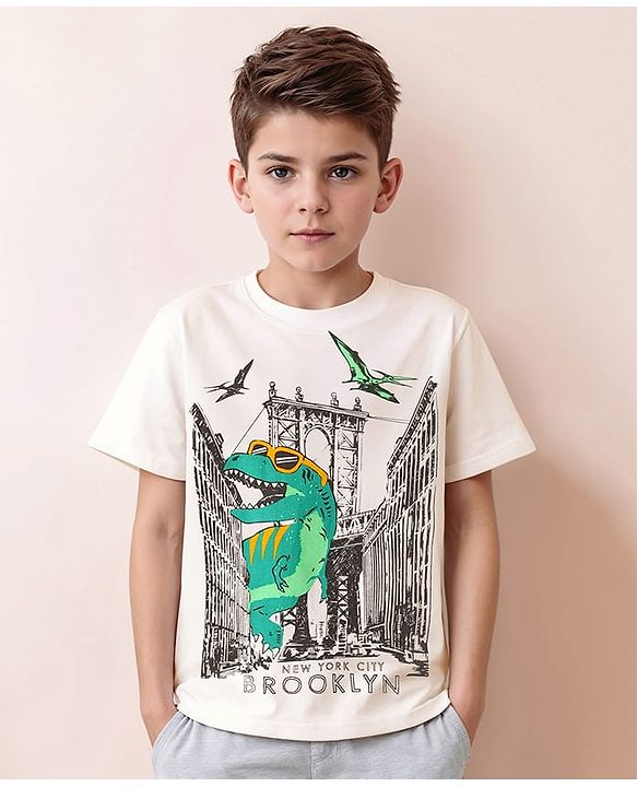 Pine Kids Cotton Knit Half Sleeves T-Shirt With Dino Print - White