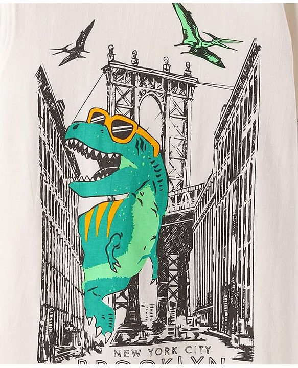 Pine Kids Cotton Knit Half Sleeves T-Shirt With Dino Print - White