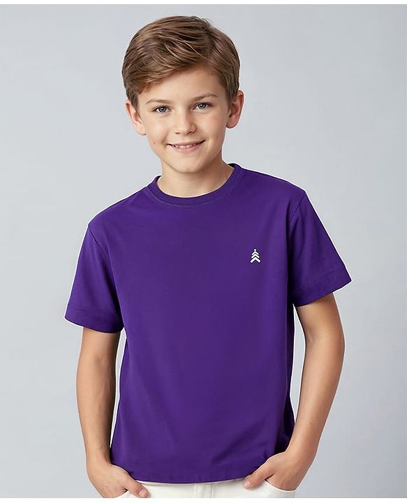 Pine Kids Cotton Knit Half Sleeves T-Shirt with Logo Print - Violet