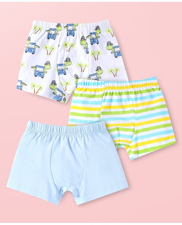 Babyhug 100% Cotton Knit Trunks with Striped & Turtle Print Pack of 3 - Light Blue & White