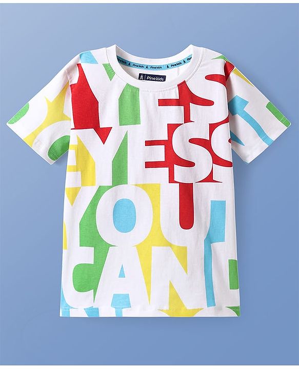 Pine Kids Cotton Knit Half Sleeves T-Shirt with Text Print - White