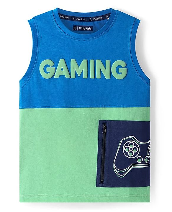 Pine Kids Cotton Knit Sleeveless Cut & Sew Tank T-Shirt with Gaming Text Print - Green & Blue