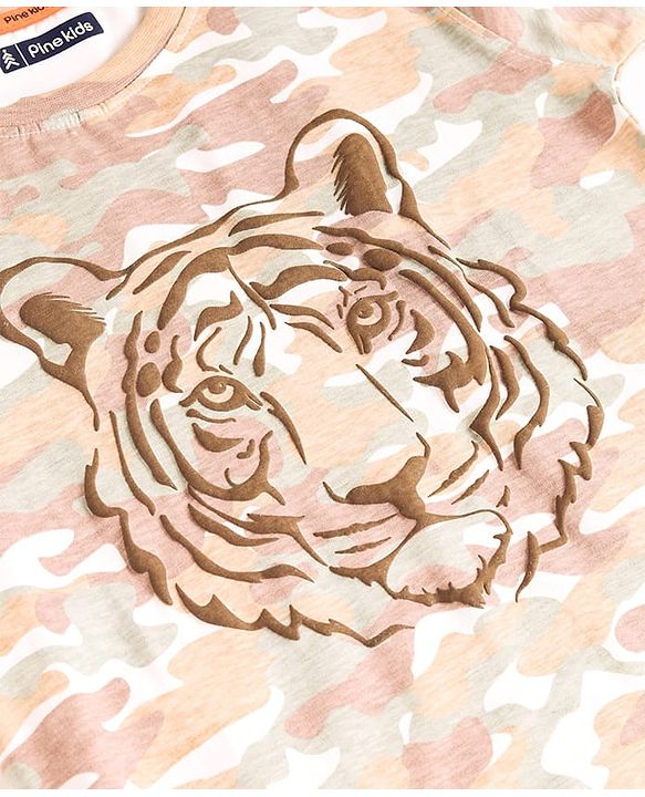 Pine Kids Cotton Knit Half Sleeves Tiger Printed T-Shirt - White