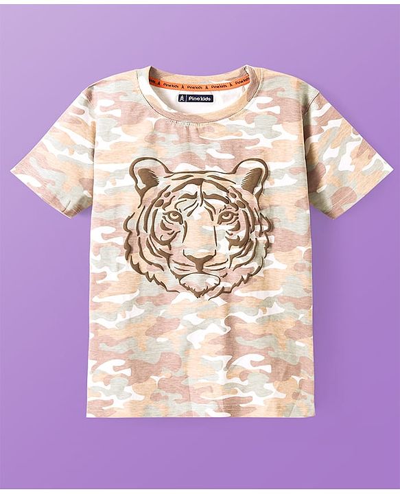 Pine Kids Cotton Knit Half Sleeves Tiger Printed T-Shirt - White