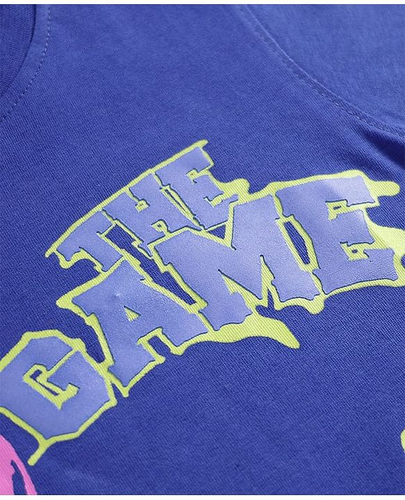 Pine Kids Cotton Knit Half Drop Shoulder Sleeves T-Shirt With The Game Text Print - Blue