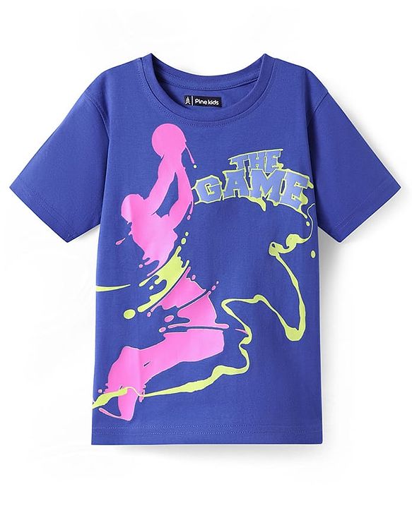 Pine Kids Cotton Knit Half Drop Shoulder Sleeves T-Shirt With The Game Text Print - Blue