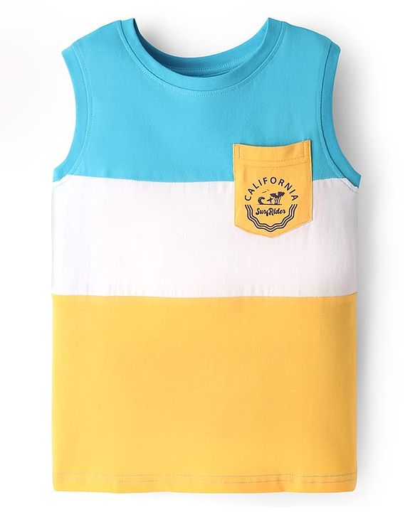 Pine Kids Cotton Knit Cut & Sew Sleeveless Tank T-Shirt with Pocket - Light Blue & Yellow