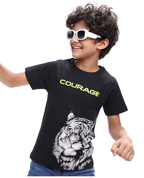 Pine Kids Cotton Knit Half Sleeves T-Shirt With Tiger & Courage Text Print - Black