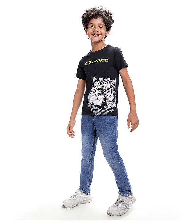 Pine Kids Cotton Knit Half Sleeves T-Shirt With Tiger & Courage Text Print - Black