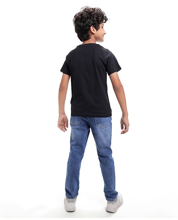 Pine Kids Cotton Knit Half Sleeves T-Shirt With Tiger & Courage Text Print - Black