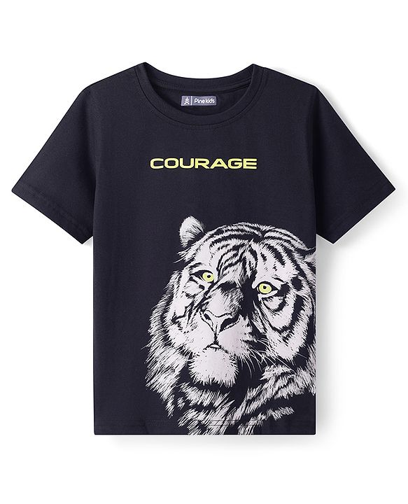 Pine Kids Cotton Knit Half Sleeves T-Shirt With Tiger & Courage Text Print - Black