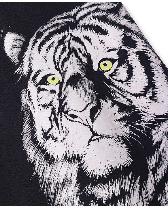 Pine Kids Cotton Knit Half Sleeves T-Shirt With Tiger & Courage Text Print - Black