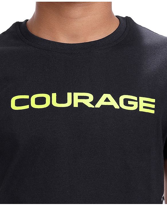 Pine Kids Cotton Knit Half Sleeves T-Shirt With Tiger & Courage Text Print - Black