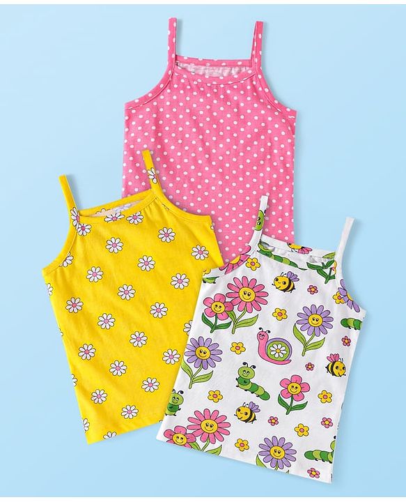 Babyhug 100% Cotton Knit Singlet Sleeves Slips with Floral Print & Polka Dots Pack of 3 - Yellow Pink & White