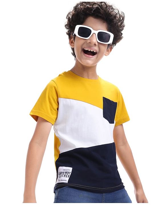 Pine Kids Cotton Knit Half Sleeves Cut & Sew T-Shirt - Yellow & Navy Blue & White