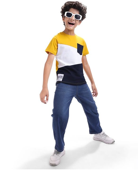Pine Kids Cotton Knit Half Sleeves Cut & Sew T-Shirt - Yellow & Navy Blue & White