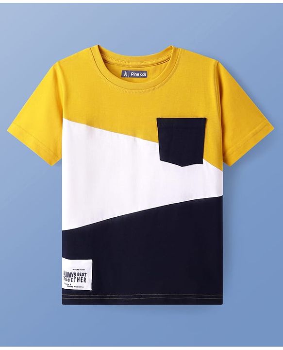 Pine Kids Cotton Knit Half Sleeves Cut & Sew T-Shirt - Yellow & Navy Blue & White